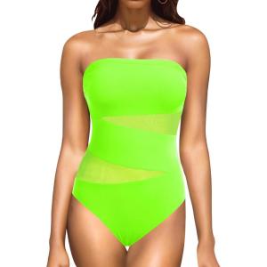 imageHolipick Women Strapless One Piece Swimsuit Tummy Control Bandeau Bathing Suit Mesh Cutout SwimwearNeon Green