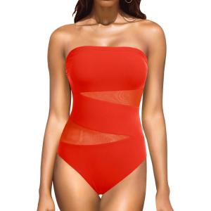 imageHolipick Women Strapless One Piece Swimsuit Tummy Control Bandeau Bathing Suit Mesh Cutout SwimwearRed With Red Mesh