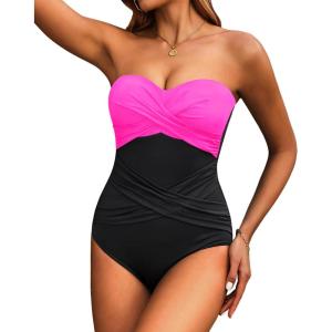 imageHolipick Women Strapless One Piece Swimsuits Tummy Control Bandeau Bathing Suits Retro Slimming SwimwearPink and Black
