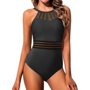 imageHolipick Women Tummy Control One Piece Swimsuit Modest Bathing Suit Full Coverage High Neck SwimwearBlack Waistband