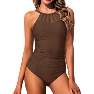 imageHolipick Women Tummy Control One Piece Swimsuit Modest Bathing Suit Full Coverage High Neck SwimwearBrown