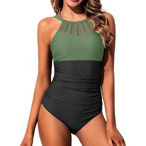 imageHolipick Women Tummy Control One Piece Swimsuit Modest Bathing Suit Full Coverage High Neck SwimwearGreen and Black