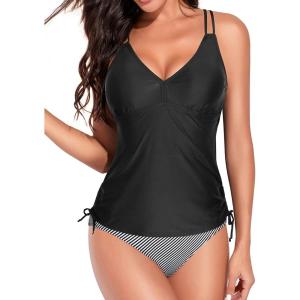 imageHolipick Women Two Piece Tankini Swimsuits Tummy Control Bathing Suits V Neck Tank Top with Bikini BottomBlack Striped