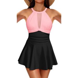 imageHolipick Womens One Piece Swim Dress High Neck Swimsuit Tummy Control Halter Modest Skirt Bathing Suits Long SwimdressBlack Pink