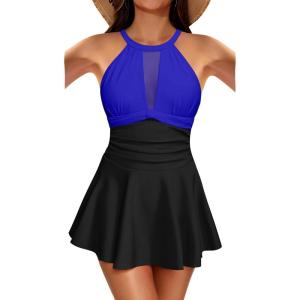 imageHolipick Womens One Piece Swim Dress High Neck Swimsuit Tummy Control Halter Modest Skirt Bathing Suits Long SwimdressBlue Black