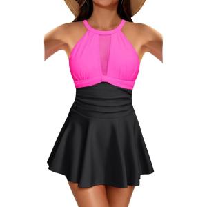 imageHolipick Womens One Piece Swim Dress High Neck Swimsuit Tummy Control Halter Modest Skirt Bathing Suits Long SwimdressHot Pink and Black