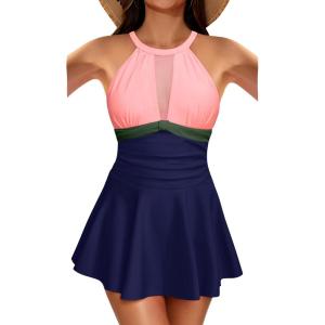 imageHolipick Womens One Piece Swim Dress High Neck Swimsuit Tummy Control Halter Modest Skirt Bathing Suits Long SwimdressPink Green Blue