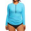 imageHolipick Aqua Blue White Women 2 Piece Plus Size Zip Front Long Sleeve Rash Guard UPF 50 Bulid in Bra Swim Shirt with Bottom 16W