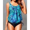 imageHolipick Two Piece Blouson Tankini Swimsuits for Women Tummy Control Bathing Suits Modest Tankini Top with Bikini BottomBlue Green Leaf