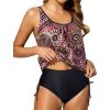 imageHolipick Two Piece Blouson Tankini Swimsuits for Women Tummy Control Bathing Suits Modest Tankini Top with Bikini BottomBrown Mandala