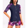 imageHolipick Women 2 Piece Rash Guard Short Sleeve Swimsuit with Shorts Full Zipper SPF Swim ShirtsPink Leaves