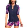 imageHolipick Women 2 Piece Rash Guard Short Sleeve Swimsuit with Shorts Full Zipper SPF Swim ShirtsPink Leaves