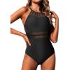 imageHolipick Women High Neck One Piece Swimsuit Mesh Bathing Suit Full Coverage SwimwearBlack