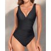 imageHolipick Women One Piece Swimsuits Tummy Control V Neck Slimming Bathing Suit Sexy Criss Cross Back Ruched SwimwearBlack