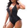 imageHolipick Women Ribbed One Piece Swimsuits Sexy Bathing Suit Lace Up V Neck Swimwear