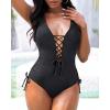 imageHolipick Women Ribbed One Piece Swimsuits Sexy Bathing Suit Lace Up V Neck Swimwear