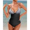 imageHolipick Women Tummy Control One Piece Swimsuit Sexy Bathing Suit Halter SwimwearStriped