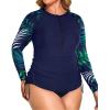imageHolipick Women Two Piece Plus Size Zipper Long Sleeve Rash Guard UPF 50 Swim Shirt with Bottom Bulid in Bra SwimsuitBlue Leaf