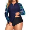 imageHolipick Women Two Piece Plus Size Zipper Long Sleeve Rash Guard UPF 50 Swim Shirt with Bottom Bulid in Bra SwimsuitBlue Leaf