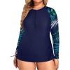 imageHolipick Women Two Piece Plus Size Zipper Long Sleeve Rash Guard UPF 50 Swim Shirt with Bottom Bulid in Bra SwimsuitBlue Leaf