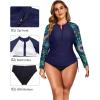 imageHolipick Women Two Piece Plus Size Zipper Long Sleeve Rash Guard UPF 50 Swim Shirt with Bottom Bulid in Bra SwimsuitBlue Leaf