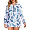 imageHolipick Women Two Piece Plus Size Zipper Long Sleeve Rash Guard UPF 50 Swim Shirt with Bottom Bulid in Bra SwimsuitPink Leaf