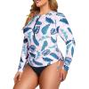 imageHolipick Women Two Piece Plus Size Zipper Long Sleeve Rash Guard UPF 50 Swim Shirt with Bottom Bulid in Bra SwimsuitPink Leaf