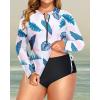 imageHolipick Women Two Piece Plus Size Zipper Long Sleeve Rash Guard UPF 50 Swim Shirt with Bottom Bulid in Bra SwimsuitPink Leaf