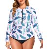 imageHolipick Women Two Piece Plus Size Zipper Long Sleeve Rash Guard UPF 50 Swim Shirt with Bottom Bulid in Bra SwimsuitPink Leaf