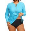 imageHolipick Aqua Blue White Women 2 Piece Plus Size Zip Front Long Sleeve Rash Guard UPF 50 Bulid in Bra Swim Shirt with Bottom 16W