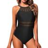 imageHolipick Women High Neck One Piece Swimsuit Mesh Bathing Suit Full Coverage SwimwearBlack