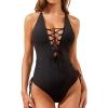 imageHolipick Women Ribbed One Piece Swimsuits Sexy Bathing Suit Lace Up V Neck Swimwear