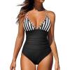 imageHolipick Women Tummy Control One Piece Swimsuit Sexy Bathing Suit Halter SwimwearStriped