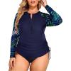 imageHolipick Women Two Piece Plus Size Zipper Long Sleeve Rash Guard UPF 50 Swim Shirt with Bottom Bulid in Bra SwimsuitBlue Leaf