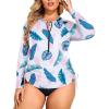 imageHolipick Women Two Piece Plus Size Zipper Long Sleeve Rash Guard UPF 50 Swim Shirt with Bottom Bulid in Bra SwimsuitPink Leaf