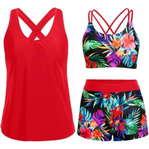 imageHolipick 3 Piece Tankini Swimsuits for Women Tummy Control Bathing Suits Swim Tank Top with Bra Boy Shorts Teen SwimwearRed Floral