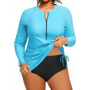 imageHolipick Aqua Blue White Women 2 Piece Plus Size Zip Front Long Sleeve Rash Guard UPF 50 Bulid in Bra Swim Shirt with Bottom 16W