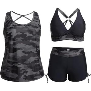 imageHolipick Plus Size Tankini Swimsuits  Women 3 Piece Bathing Suits Tummy Control with Shorts Tank Top with Sports Bra 12 PlusCamo