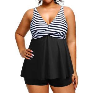 imageHolipick Plus Size Tankini Swimsuits for Women Two Piece Tummy Control Bathing Suits Flowy Tankini Top with ShortsBlack Striped
