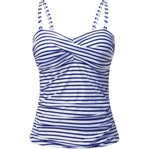 imageHolipick Tankini Top for Women Twist Front Bandeau Swimsuit Tummy Control Bathing Suit Top Only No BottomBlue Striped