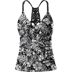 imageHolipick Tankini for Women V Neck Tummy Control Swim Top Ruched Bathing Suit No BottomBlack White Floral
