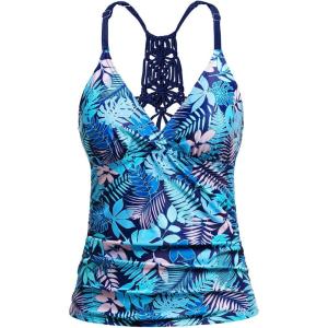 imageHolipick Tankini for Women V Neck Tummy Control Swim Top Ruched Bathing Suit No BottomBlue Leaves