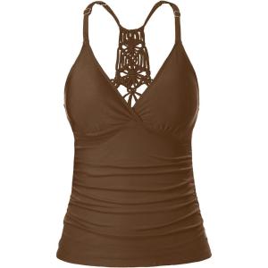 imageHolipick Tankini for Women V Neck Tummy Control Swim Top Ruched Bathing Suit No BottomBrown