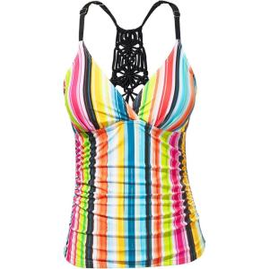 imageHolipick Tankini for Women V Neck Tummy Control Swim Top Ruched Bathing Suit No BottomColorful Striped
