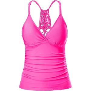 imageHolipick Tankini for Women V Neck Tummy Control Swim Top Ruched Bathing Suit No BottomNeon Pink