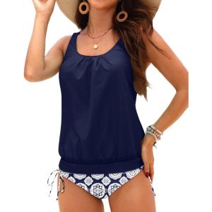 imageHolipick Two Piece Blouson Tankini Swimsuits for Women Tummy Control Bathing Suits Modest Tankini Top with Bikini BottomNavy Blue