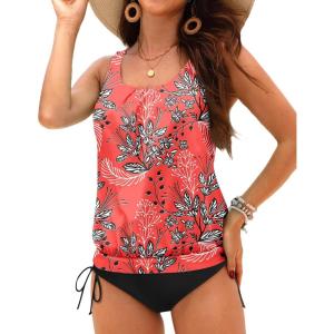 imageHolipick Two Piece Blouson Tankini Swimsuits for Women Tummy Control Bathing Suits Modest Tankini Top with Bikini BottomRed Floral