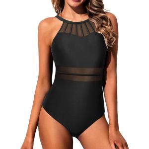 imageHolipick Women High Neck One Piece Swimsuit Mesh Bathing Suit Full Coverage SwimwearBlack