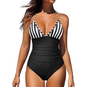 imageHolipick Women Tummy Control One Piece Swimsuit Sexy Bathing Suit Halter SwimwearStriped