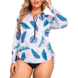 imageHolipick Women Two Piece Plus Size Zipper Long Sleeve Rash Guard UPF 50 Swim Shirt with Bottom Bulid in Bra SwimsuitPink Leaf
